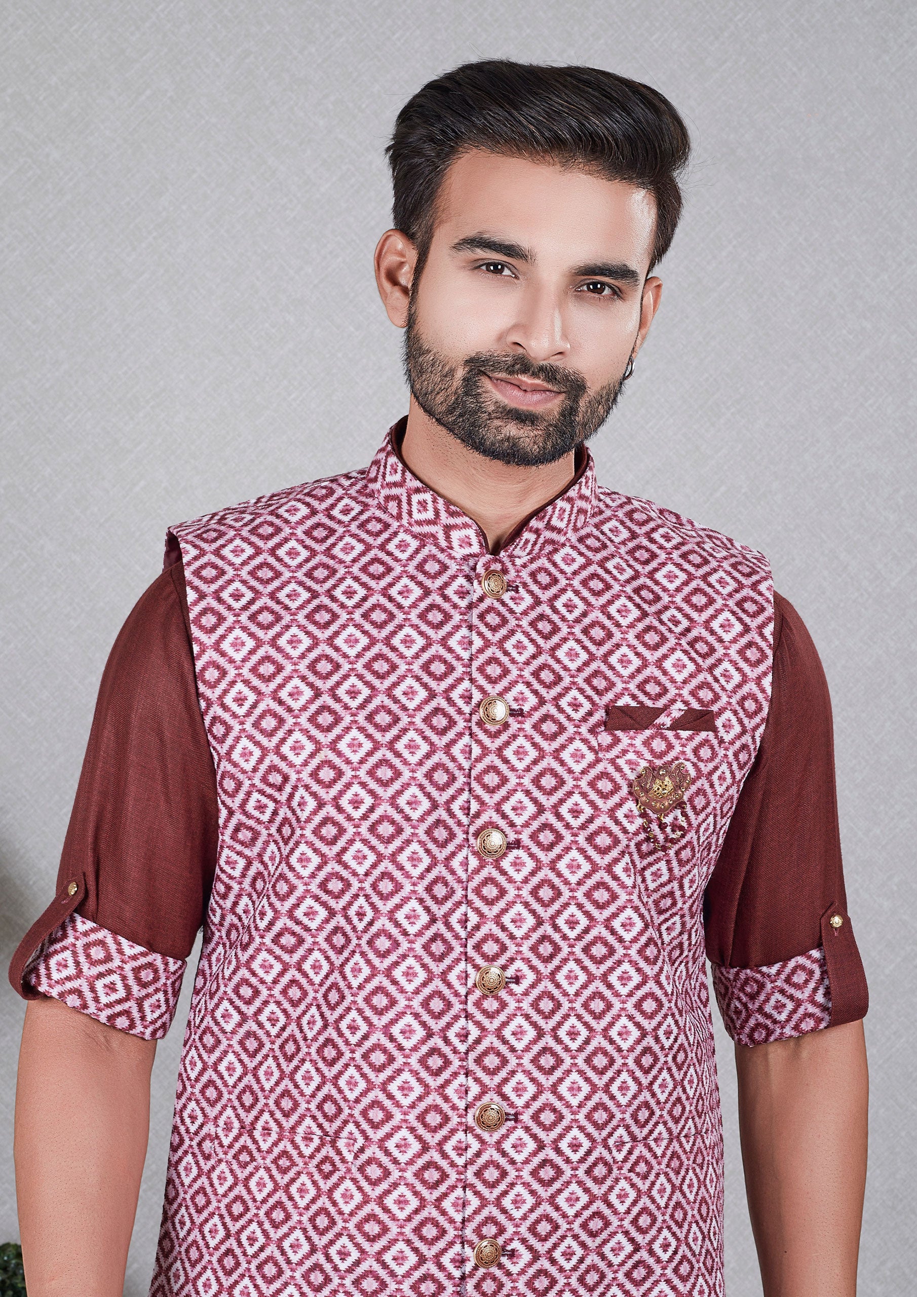 Brown Color Jacquard Silk Kurta With Printed Nehru Jacket
